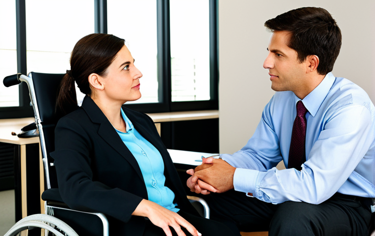 Empathetic Listening**
"A compassionate counselor, fully clothed in professional attire, attentively listening to a client in a wheelchair in a bright and welcoming office setting. The counselor is making eye contact and nodding in understanding. Safe for work, appropriate content, professional, perfect anatomy, natural proportions, well-formed hands, proper finger count, modest clothing, family-friendly."
**